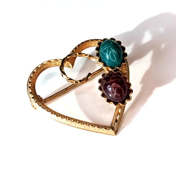 Vintage Jewelry - Vintage 1970s 14K GF Heart Brooch w Gemstone Scarab Beetles